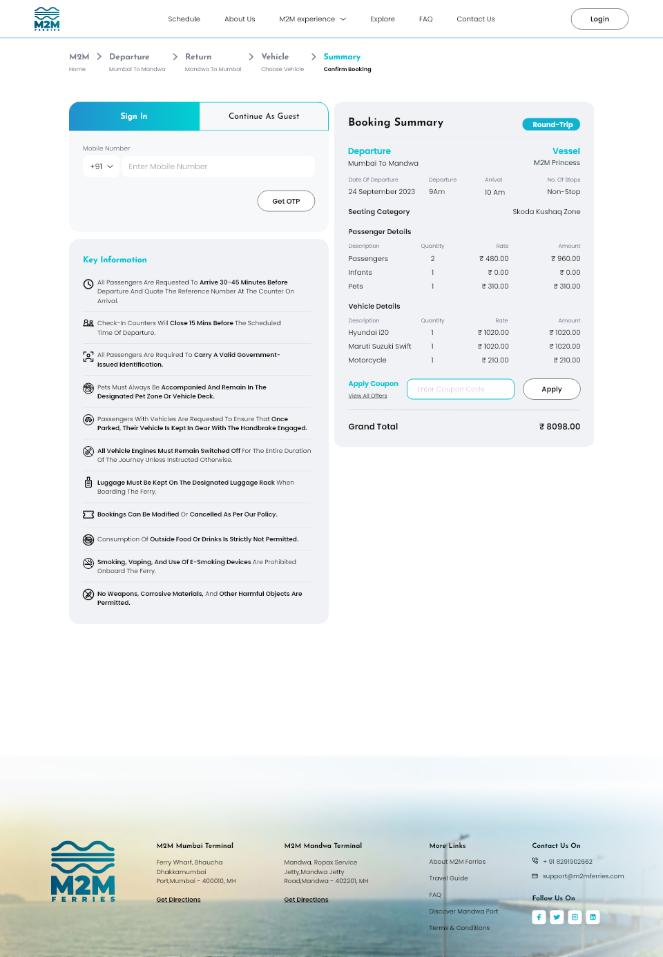 Pre-payment information and trip guidelines wireframe
